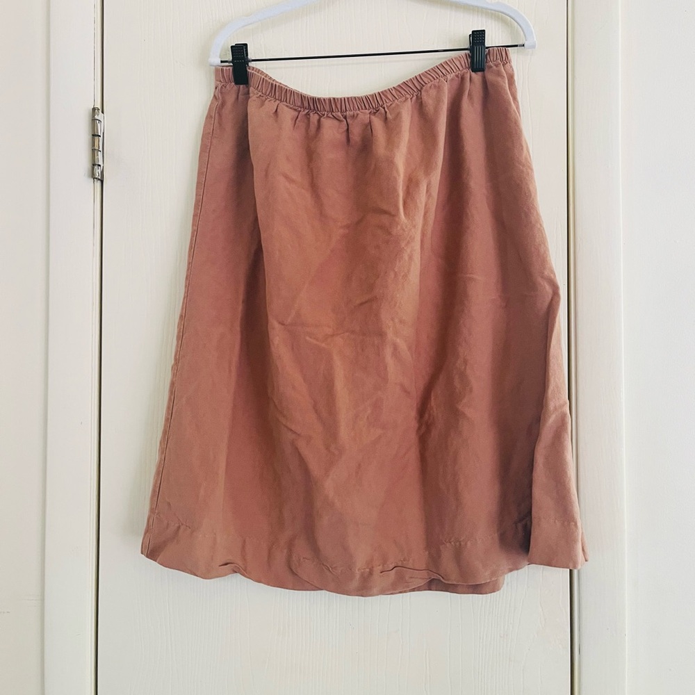 VTG 90s linen Edwardian Beach Boho Lagenlook Minimal Stretch Waist Midi Skirt 16